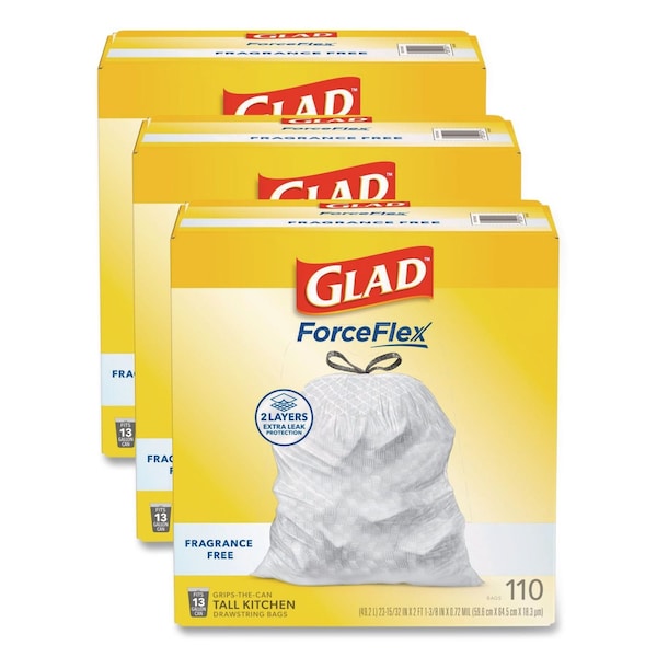 Glad ForceFlex Kitchen Drawstring Trash Bags, Drawstring, 13 gal, Unscented, 23.47 x 25.38, White, 330PK 22541 - main