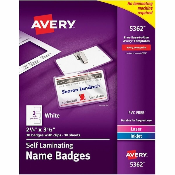Avery Self-Laminating Name Badges, 2-1/4, PK30 5362 - main