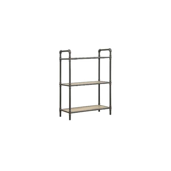 Homeroots 36" Antique Oak and Sandy Gray Metal Three Tier Standard Bookcase 486317 - main