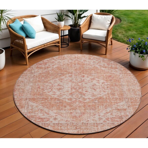 Homeroots 8' Coral And Pink Round Oriental Washable Indoor Outdoor Area Rug 603805 - main