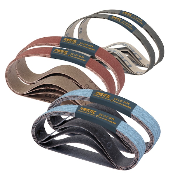 Powertec Sanding Belt, 3/4 in W, 12 in L, 4 Each of 80/120/240/400/1000/1200 Grits, Zirconia Alumina, 24PK 46001N - main