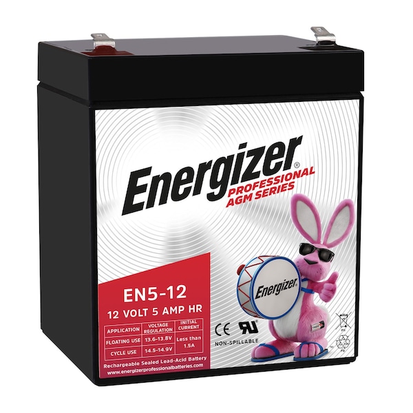 Energizer EN5-12, 12 Volt 5 Amp Hr, Long Lasting Sealed Lead Acid AGM Rechargeable Battery EN4098459 - main