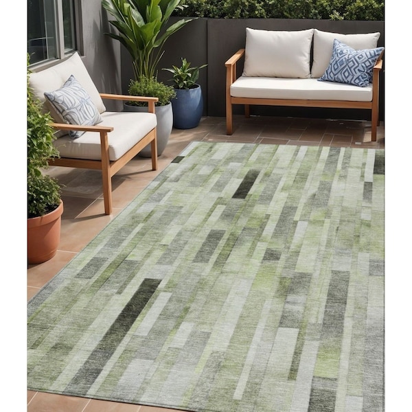 Homeroots 5' X 8' Green And Gray Striped Washable Indoor Outdoor Area Rug 615519 - main