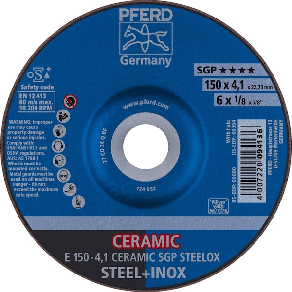 Pferd 6'' x 1/8 Grinding Wheel, 7/8'' A.H. - CERAMIC SGP STEELOX - Type 27 60090 - main