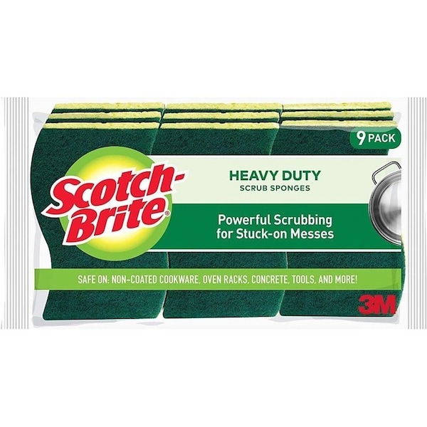 Scotch-Brite Heavy-Duty Scrub Sponge, Fiber Abrasive, 111 mm L, 66 mm W, Green/Yellow, 9PK 429-5 - main