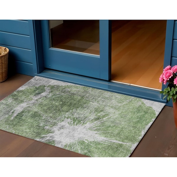 Homeroots 3' X 5' Green And Gray Abstract Washable Indoor Outdoor Area Rug 582938 - main