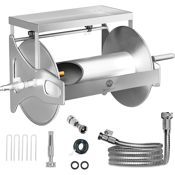 Morvat 150FT Stainless Steel Garden Hose Reel with Accessories MOR-HOSEREEL-150-A - main