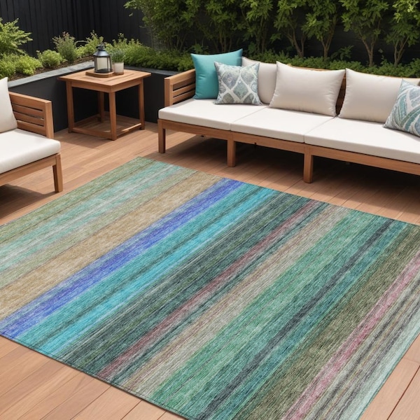 Homeroots 8' X 10' Sage Teal Blue And Tan Striped Washable Indoor Outdoor Area Rug 614830 - main