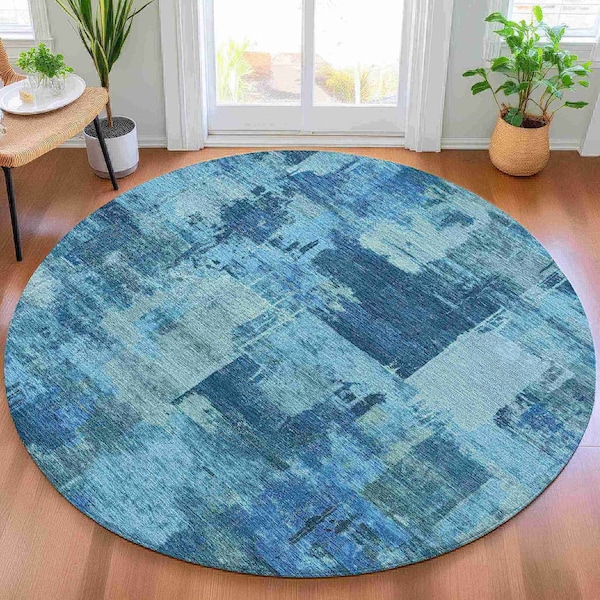 Homeroots 8' Blue And Ivory Round Abstract Washable Indoor Outdoor Area Rug 630767 - main
