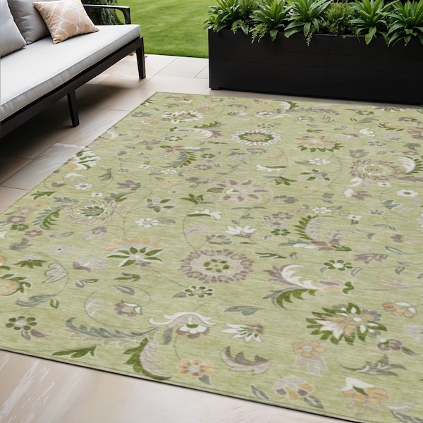 Homeroots 5' X 8' Artichoke Green Gray And Brown Floral Washable Indoor Outdoor Area Rug 597789 - main