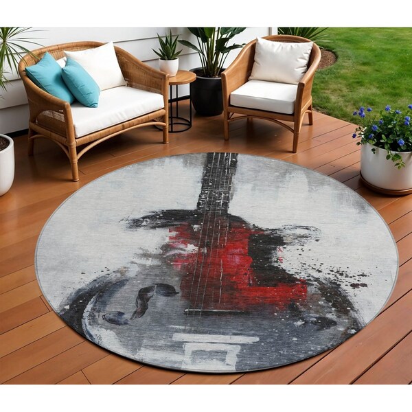 Homeroots 8' Gray Charcoal And Red Round Abstract Washable Indoor Outdoor Area Rug 631157 - main