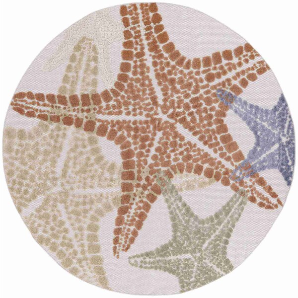 Homeroots 5' Ivory Yellow Orange And Green Round Starfish Indoor Outdoor Area Rug 546878 - main