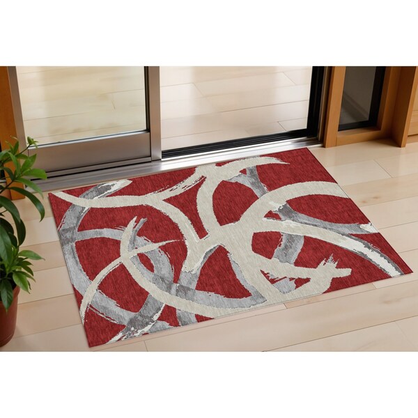 Homeroots 3' X 5' Red Beige And Gray Abstract Washable Indoor Outdoor Area Rug 599160 - main