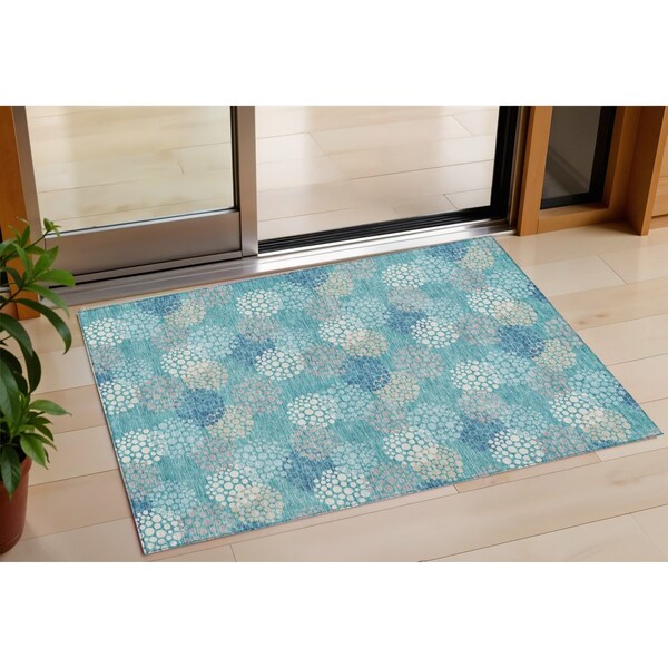 Homeroots 3' X 5' Teal Blue Gray And Ivory Polka Dot Washable Indoor Outdoor Area Rug 594286 - main