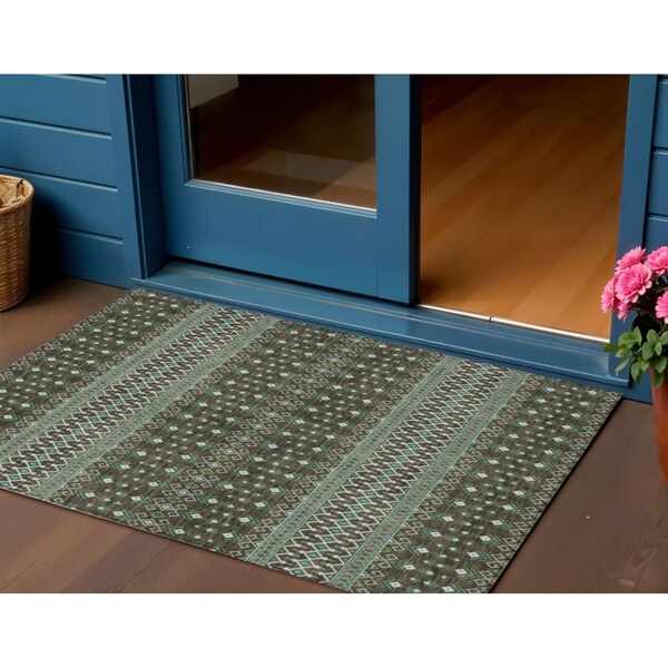 Homeroots 3' X 5' Brown Green And Olive Green Tribal Washable Indoor Outdoor Area Rug 582548 - main