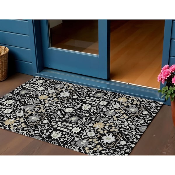 Homeroots 3' X 5' Black Ivory And Gray Oriental Washable Indoor Outdoor Area Rug 598022 - main