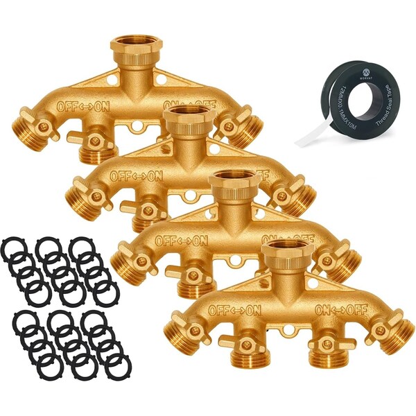 Morvat Heavy Duty Hexagonal Brass 4 Way Garden Hose Y Splitter, 4PK MOR-BCONNECTOR-4-4-PACK-A - main