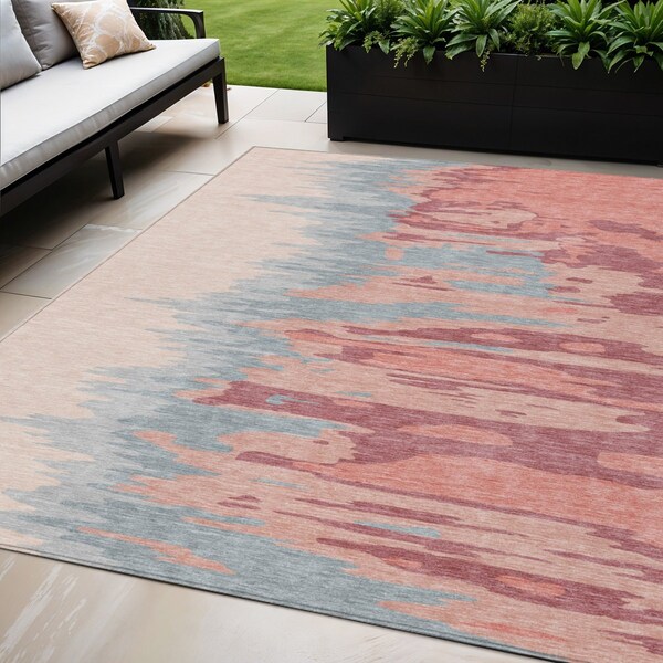Homeroots 5' X 8' Coral Pink And Gray Abstract Washable Indoor Outdoor Area Rug 601195 - main