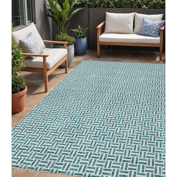 Homeroots 5' X 8' Teal Blue And Silver Geometric Washable Indoor Outdoor Area Rug 594510 - main