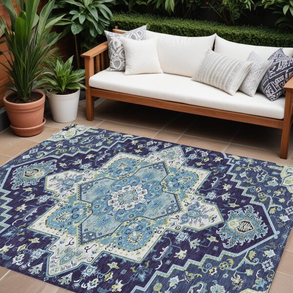 Homeroots 9' X 12' Navy Blue Ivory And Black Oriental Washable Indoor Outdoor Area Rug 600172 - main