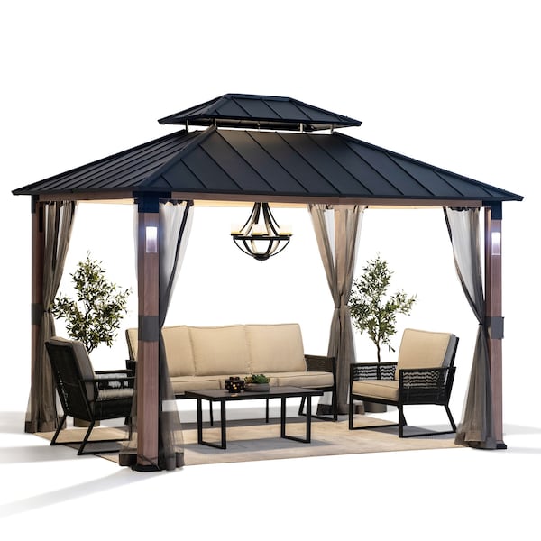 Sunjoy 10 ft. x 12 ft. Hardtop Gazebo with Netting and LED Lights A102023920 - main