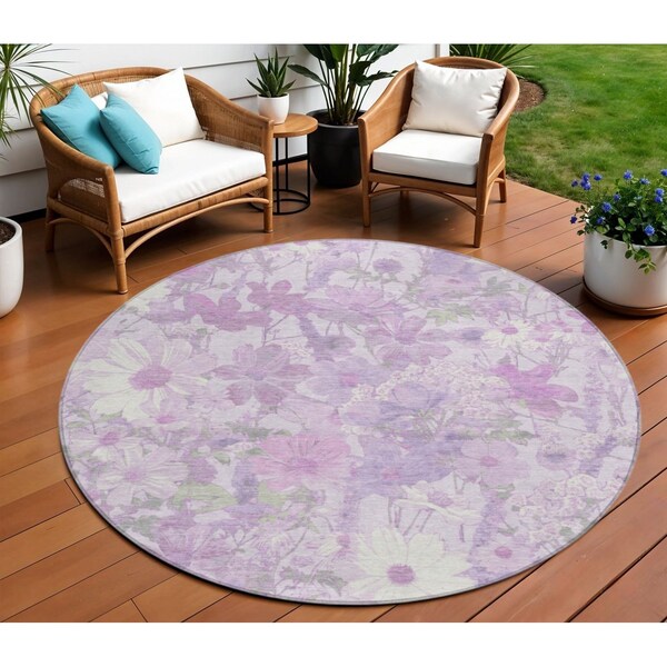Homeroots 8' Lavender Purple And Lilac Round Floral Washable Indoor Outdoor Area Rug 611200 - main