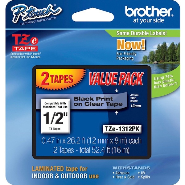 Brother Black On Clr Label Tape, 0.47"X26.2ft, PK2 TZE1312PKG - main