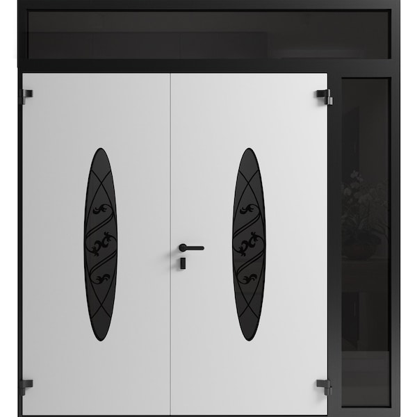 Vdomdoors Front Exterior Prehung Aluminum Double Doors Ronex1277 Black Enamel Top Transom Mirrored Clear RONEX1277DEXD-BLK-W72+14xH96+14-LH-I - main