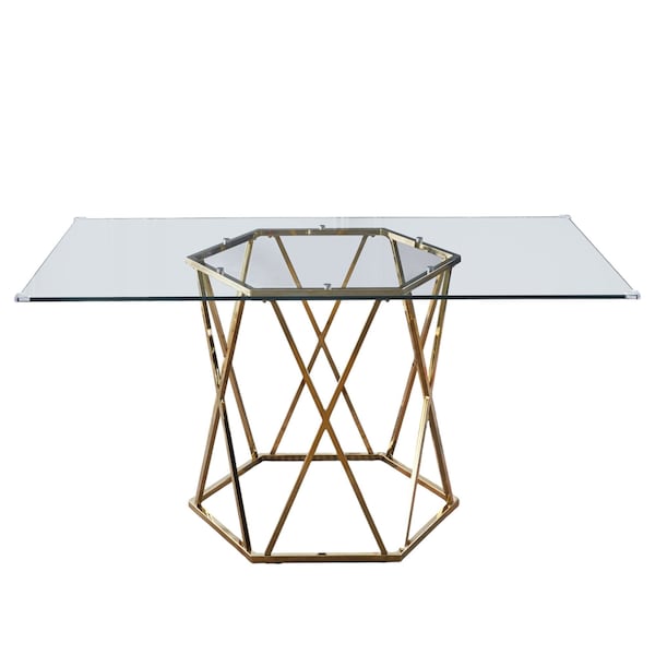 Homeroots 63" Clear and Gold Glass and Metal Geo Pedestal Base Dining Table 602328 - main