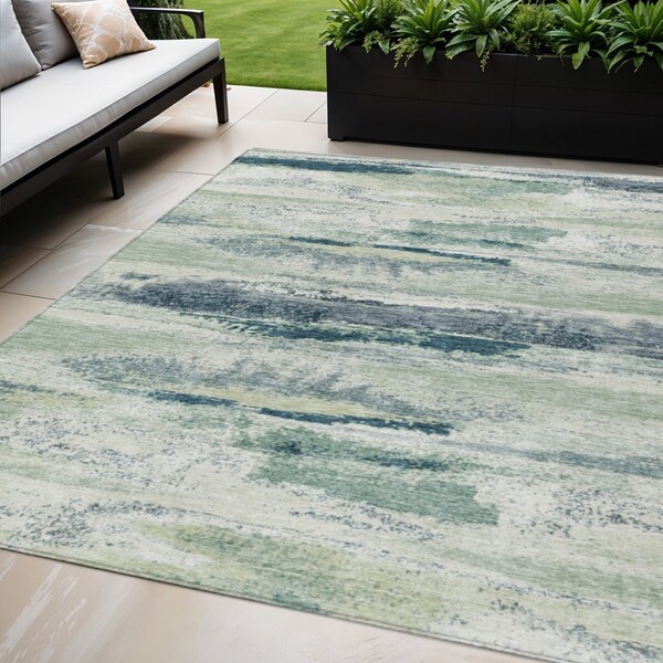 Homeroots 5' X 8' Mint Green Ivory And Denim Blue Abstract Washable Indoor Outdoor Area Rug 612534 - main