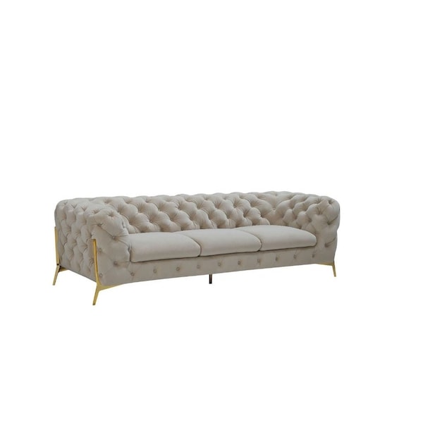Homeroots 97" Beige Velvet Chesterfield Sofa With Gold Legs 488829 - main