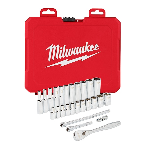 Milwaukee Tool 1/4 in Drive Socket Wrench Set SAE 26 Pieces 5/32 in to 9/16 in , Chrome 48-22-9404 - main