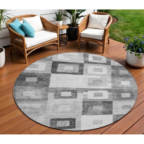 Homeroots 8' Gray And Charcoal Round Geometric Washable Indoor Outdoor Area Rug 605039 - main
