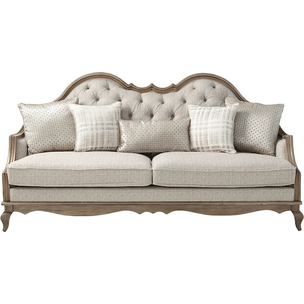 Homeroots 86" Brown And Beige Upholstered Solid Wood Sofa With Toss Pillows 491013 - main