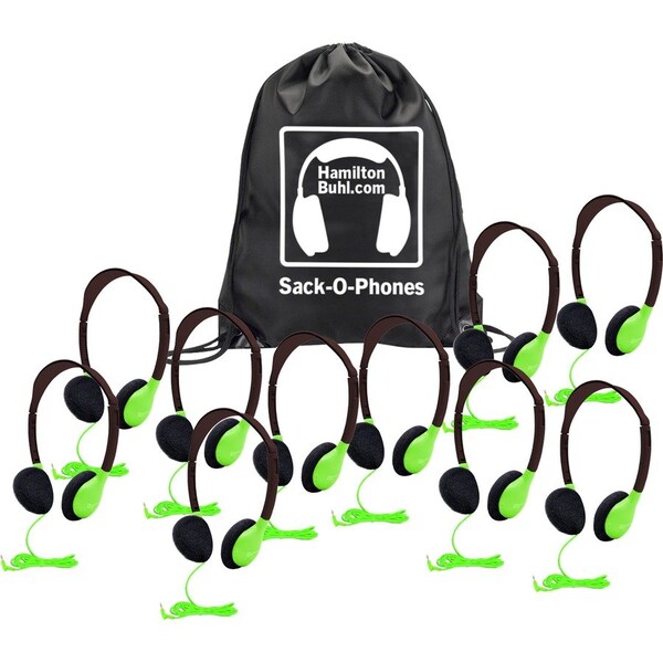 Hamiltonbuhl Sack-O-Phones, 10 Personal Headphones in a Carry Bag, Green, 10PK SOP-HA2GRN - main