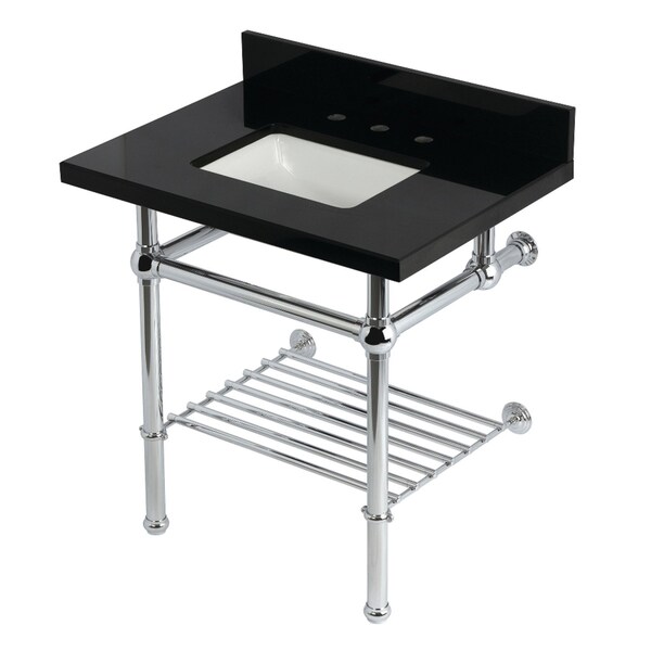 Kingston Brass 30-Inch Black Granite Console Sink with Brass Legs and Shelf, 8-Inch, 3-Hole KVPK3030KBSQB1 - main