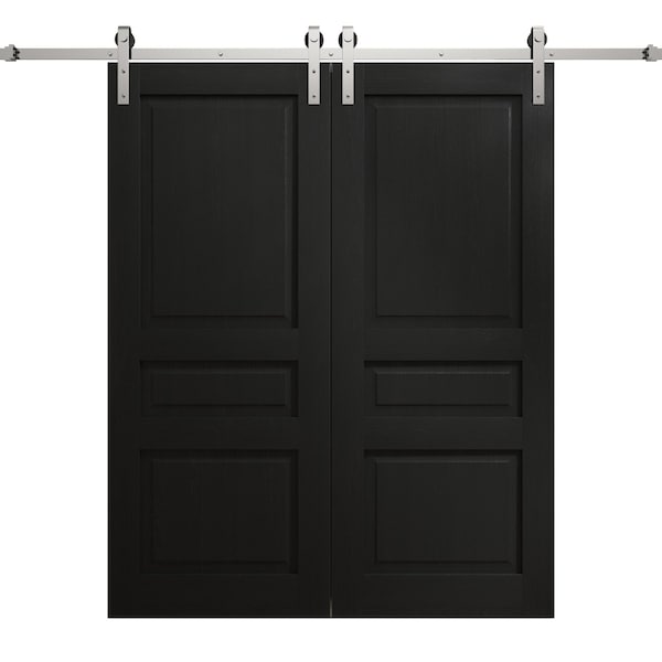Sartodoors Modern Double Barn Door 84 x 80 inches, Ego 5012 Painted Black Oak, 14FT Silver Rail Track Set, S EGO5012DB-S-CHK-84 - main