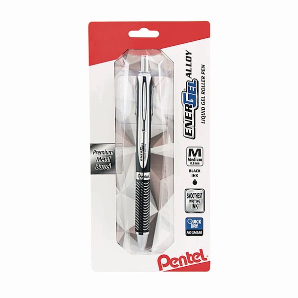 Pentel EnerGel Alloy RT Gel Pen, Retractable, Medium 0.7 mm, Black Ink, Black/Aluminum Barrel BL407ABPA - main