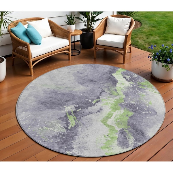 Homeroots 8' Lavender And Lime Green Round Abstract Washable Indoor Outdoor Area Rug 618516 - main