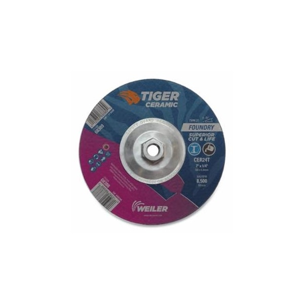 Weiler Tiger Grinding Wheel, 7 in dia x 1/4 in Thick x 5/8 in-11 Arbor, 24 Grit, Ceramic Alumina, Type, 10PK 804-68389 - main