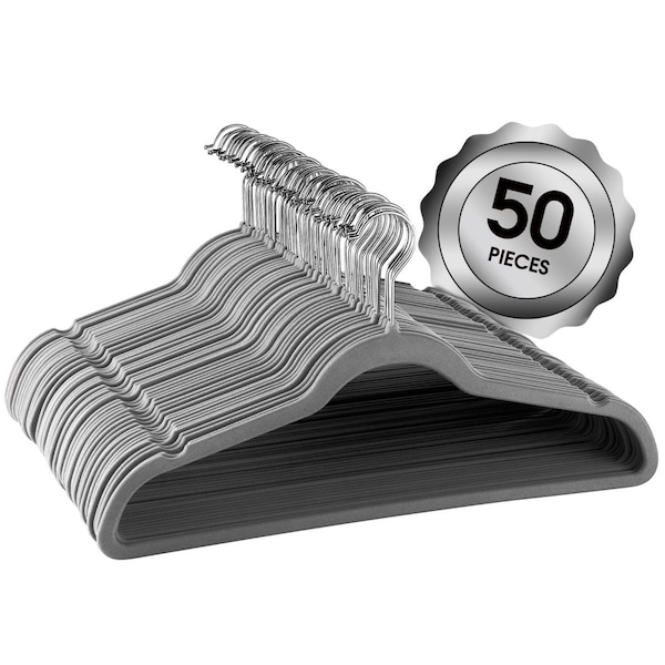 Elama Flocked Velvet Clothes Hangers with Stainless Steel Swivel Hooks, Gray - 50 Piece EL336122 - main