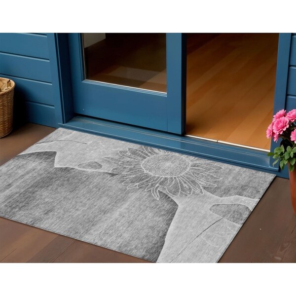 Homeroots 3' X 5' Gray Silver And Charcoal Floral Washable Indoor Outdoor Area Rug 582248 - main