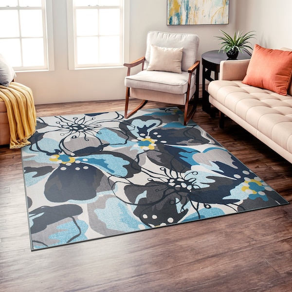 World Rug Gallery Modern Bright Flowers Non-Slip Area Rug 6 ft 6 in x 6 ft 6 in Square Gray 505GRAY6SQ - main