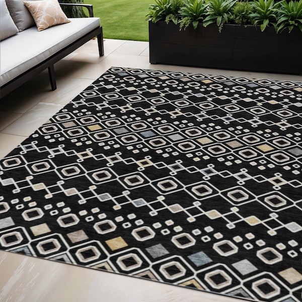Homeroots 5' X 8' Black Ivory And Blue Geometric Washable Indoor Outdoor Area Rug 612173 - main
