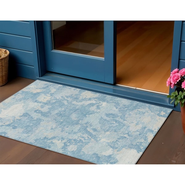Homeroots 3' X 5' Sky Blue And Denim Blue Abstract Washable Indoor Outdoor Area Rug 609576 - main