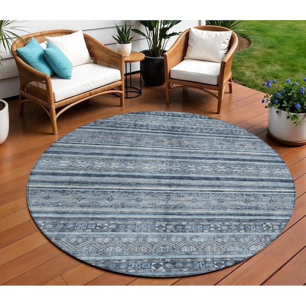 Homeroots 8' Blue And Gray Round Oriental Washable Indoor Outdoor Area Rug 616336 - main