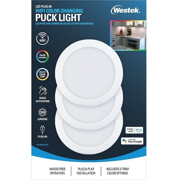 Westek WiFi and Motion Controlled Puck Light, 120 V, 35 W, 3Lamp, LED Lamp, 300 Lumens PIP-RGB-WIFI - main