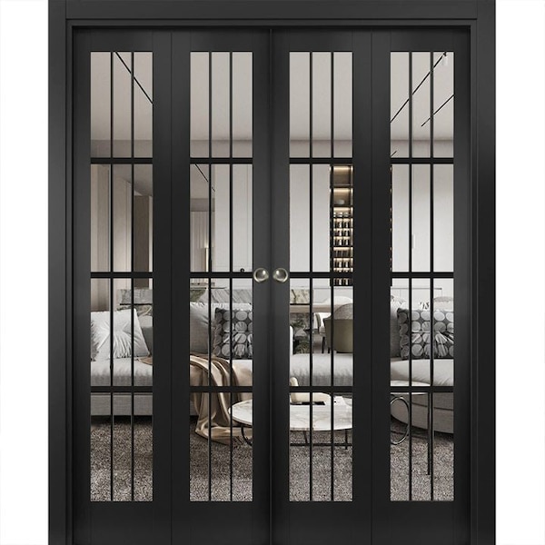 Sartodoors Sliding Closet Double Bi-fold Doors, Felicia 3355 Matte Black with Clear Glass, Sturdy Tracks Mold FELICIA3355DBF-BLK-72 x 80 (4* 18x80) - main