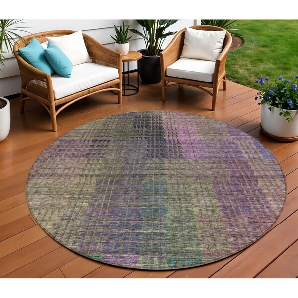 Homeroots 8' Plum Olive Green And Lavender Round Abstract Washable Indoor Outdoor Area Rug 588434 - main