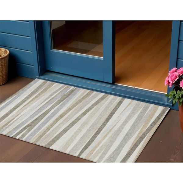 Homeroots 3' X 5' Ivory And Gray Striped Washable Indoor Outdoor Area Rug 597331 - main